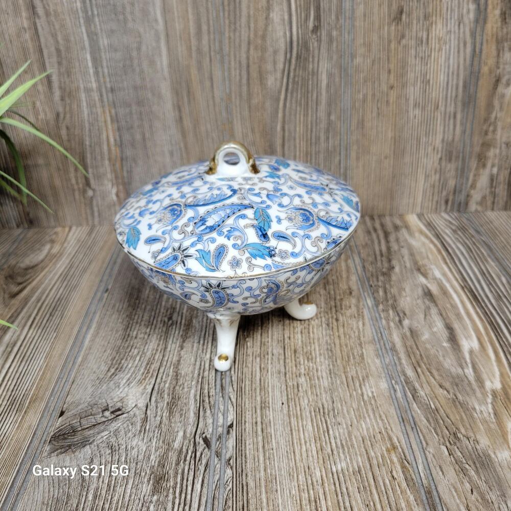 Vintage Lefton Blue Paisley Candy Box Dish Lid Footed Porcelain Japan KF 2142